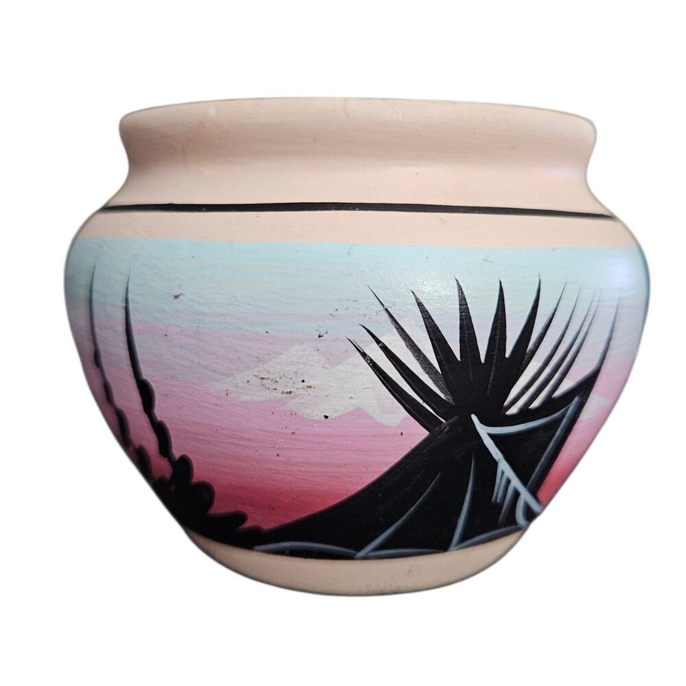 Vintage Southwestern Pottery Candle Holder Desert Yucca Hand Painted Signed READ